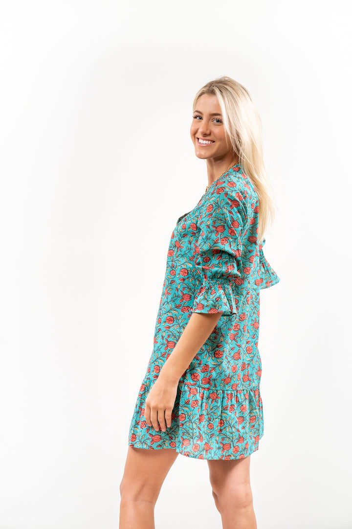 The Helena Jade Floral Cotton Button Front Smocking Detail Dress — view 4