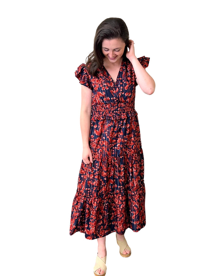 The Ryan Flutter Sleeve Dress in Navy and Red — view 3