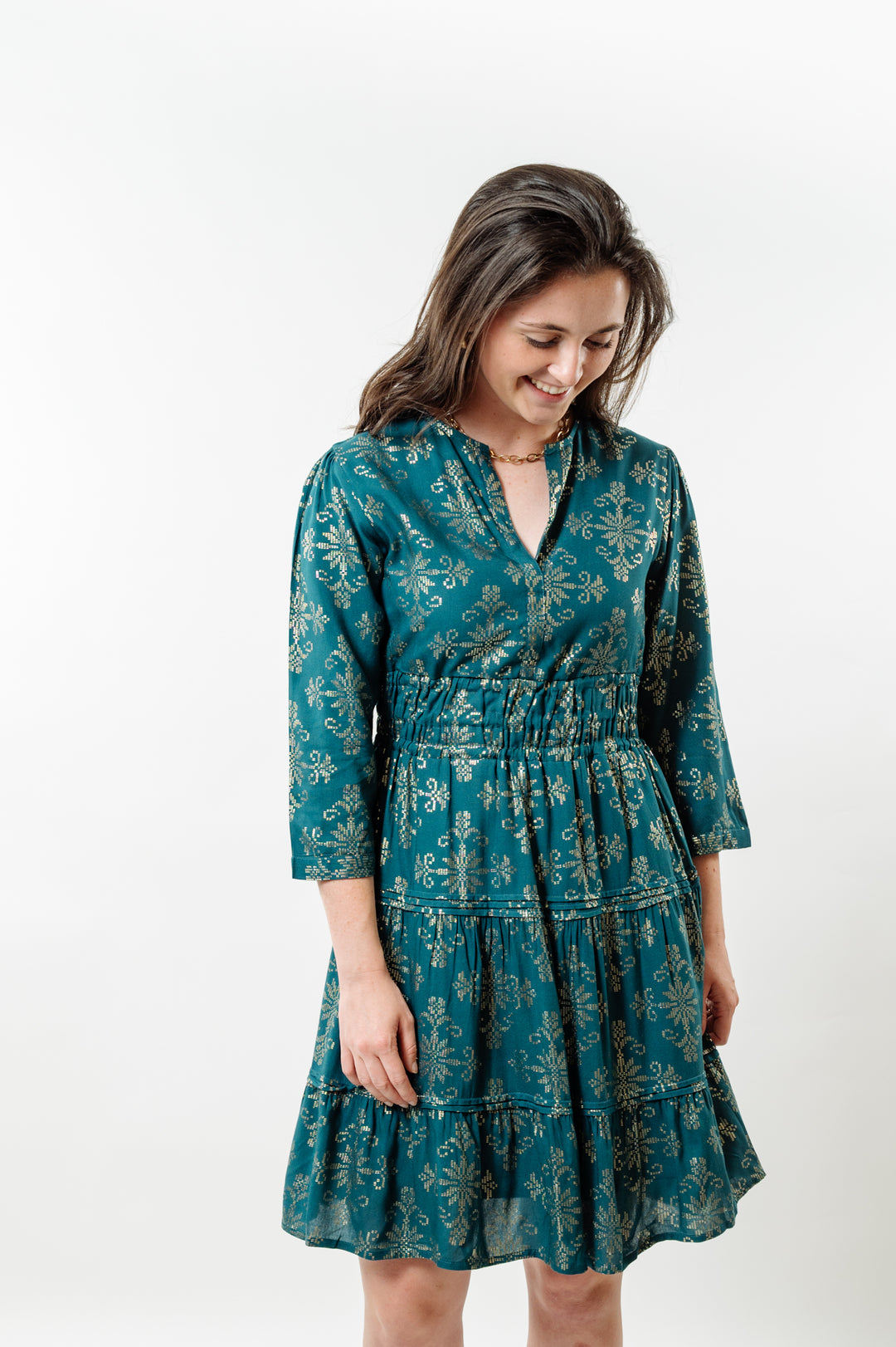 The Sydney Jade and Gold Cinch Waist Dress