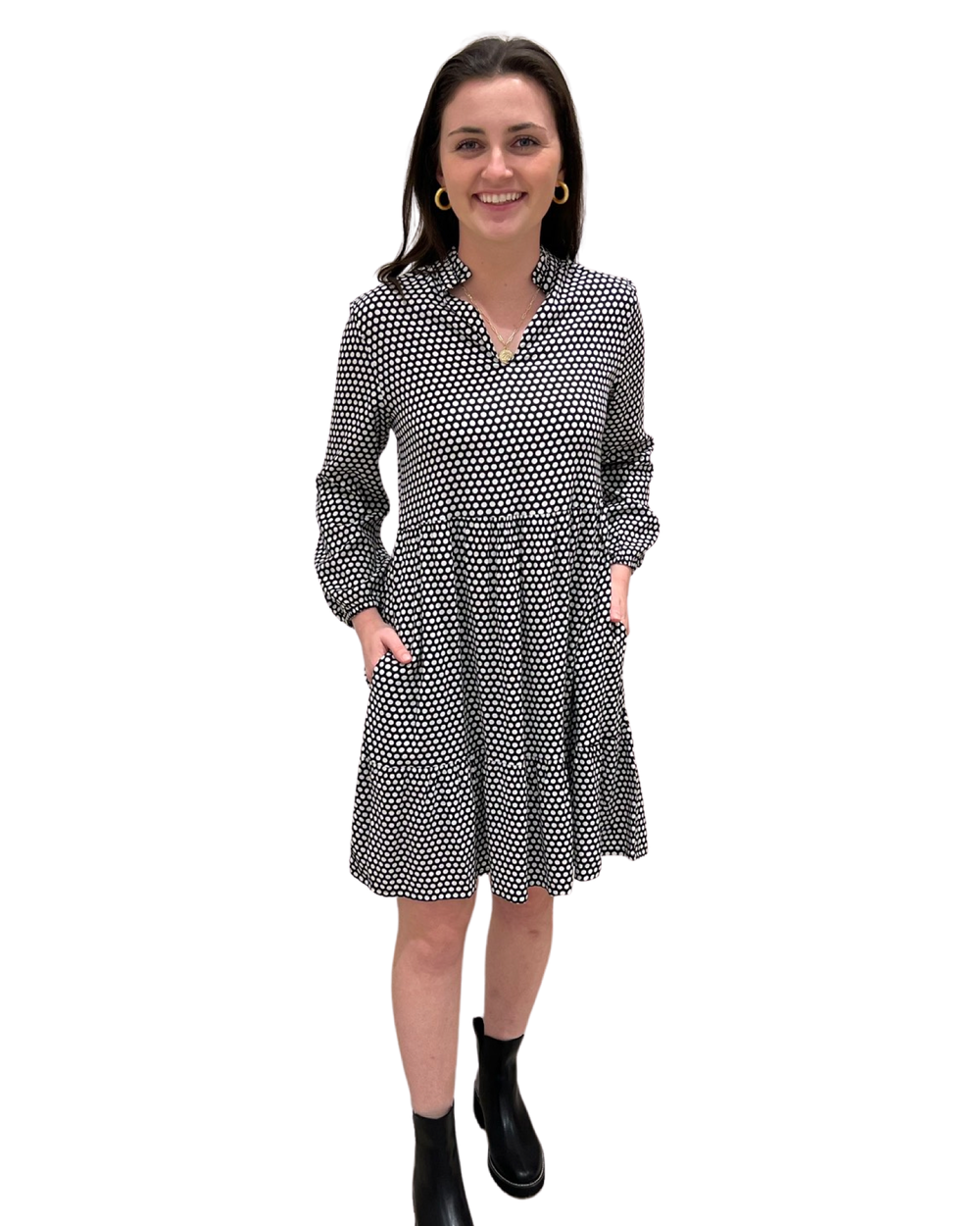 The Marnie Notch Neck Dress in Black and White Polka Dot — view 2