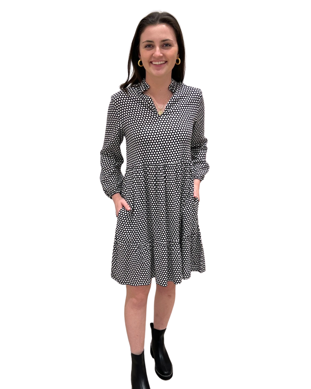 The Marnie Notch Neck Dress in Black and White Polka Dot — view 2