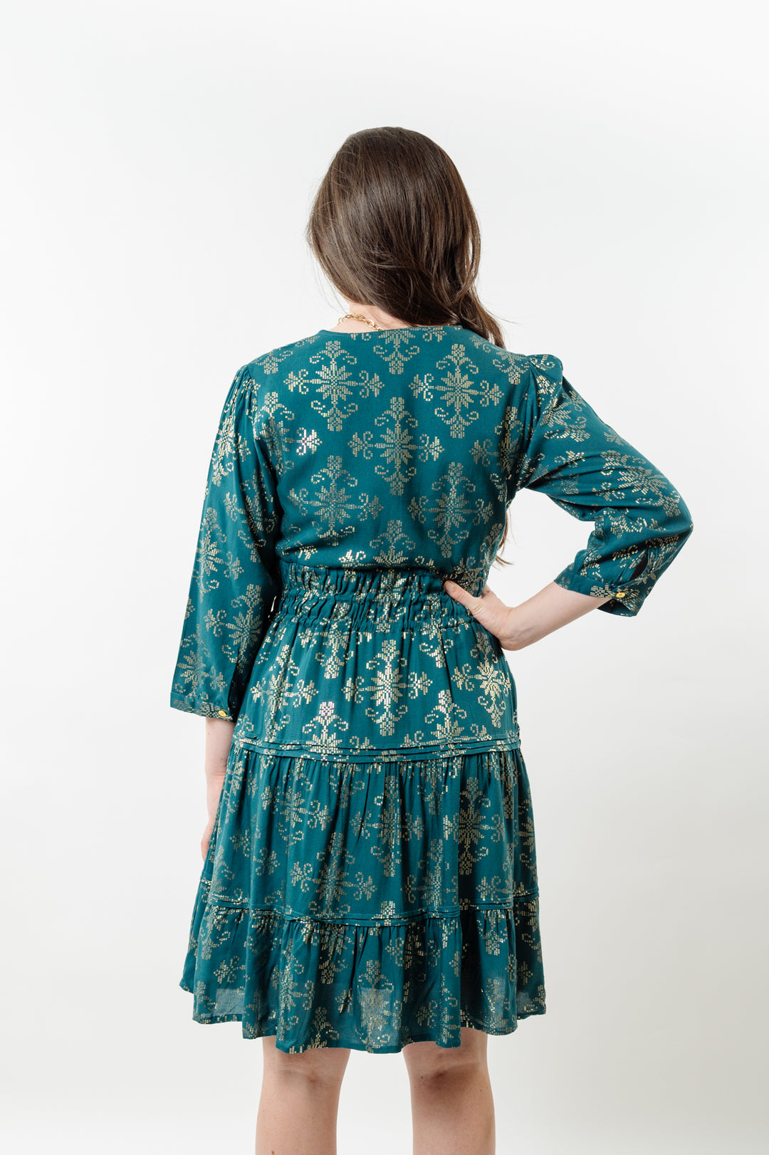 The Sydney Jade and Gold Cinch Waist Dress — view 3
