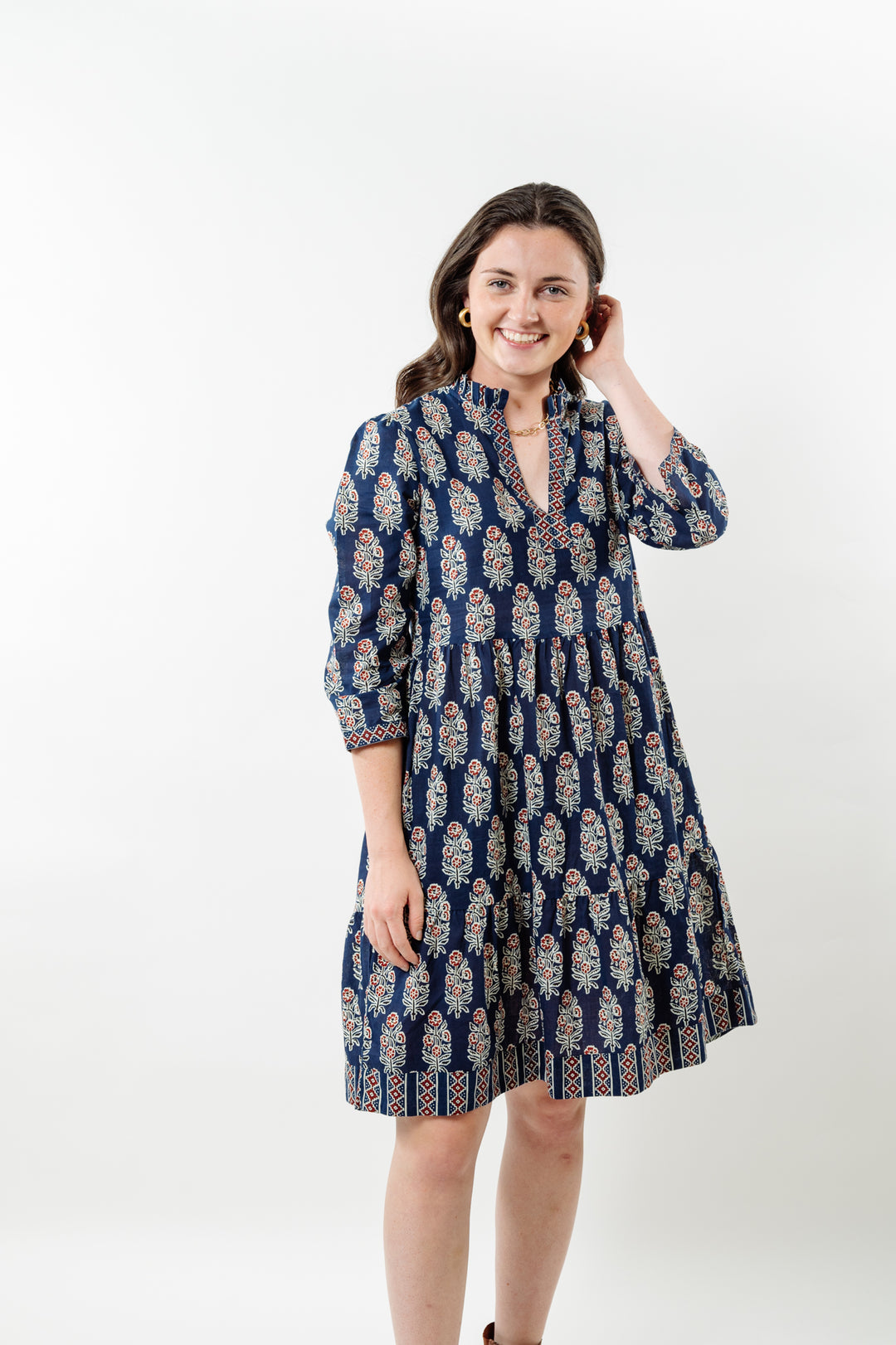 The Nina Cotton Block Print Dress in Navy and Cranberry — view 3