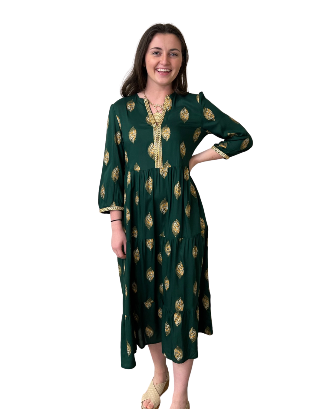 The Daniella Emerald and Gold Print Dress — view 2