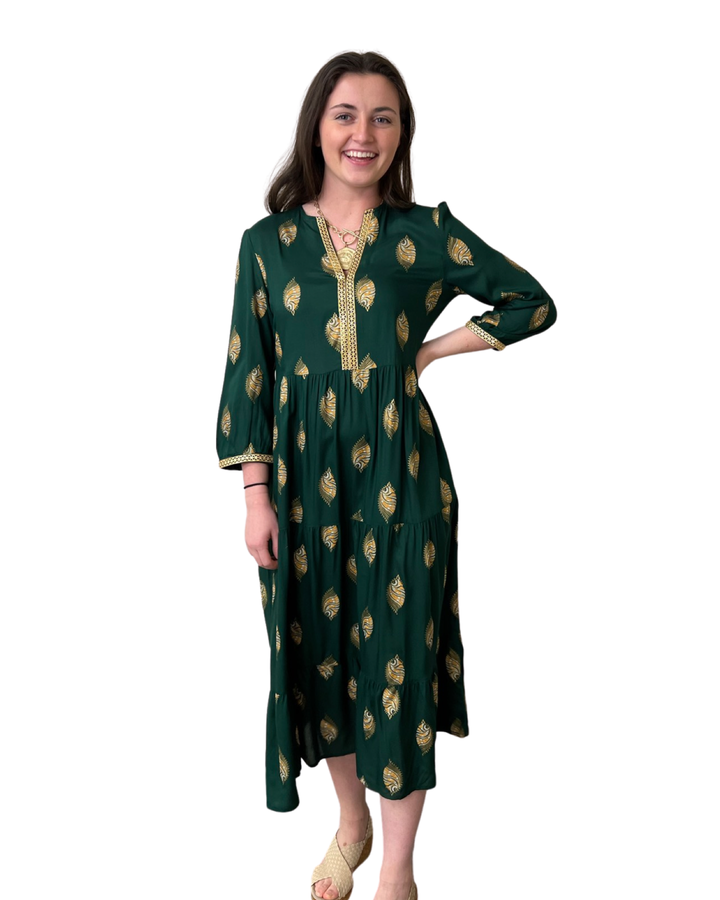 The Daniella Emerald and Gold Print Dress — view 2