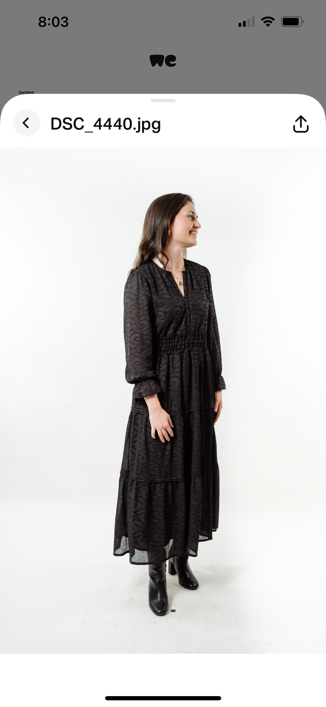 The Long Length Sydney Dress in Midnight Black Scroll — view 5