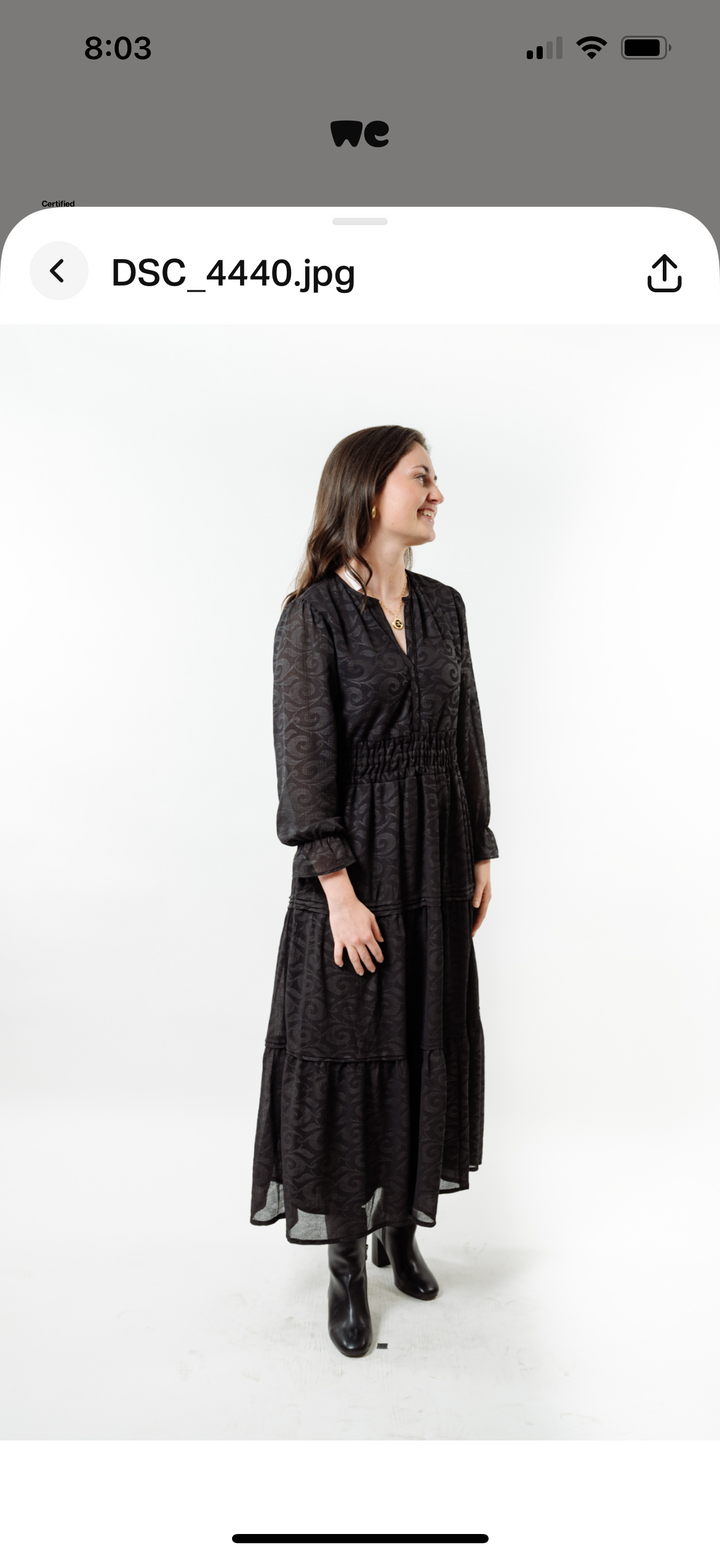 The Long Length Sydney Dress in Midnight Black Scroll — view 5