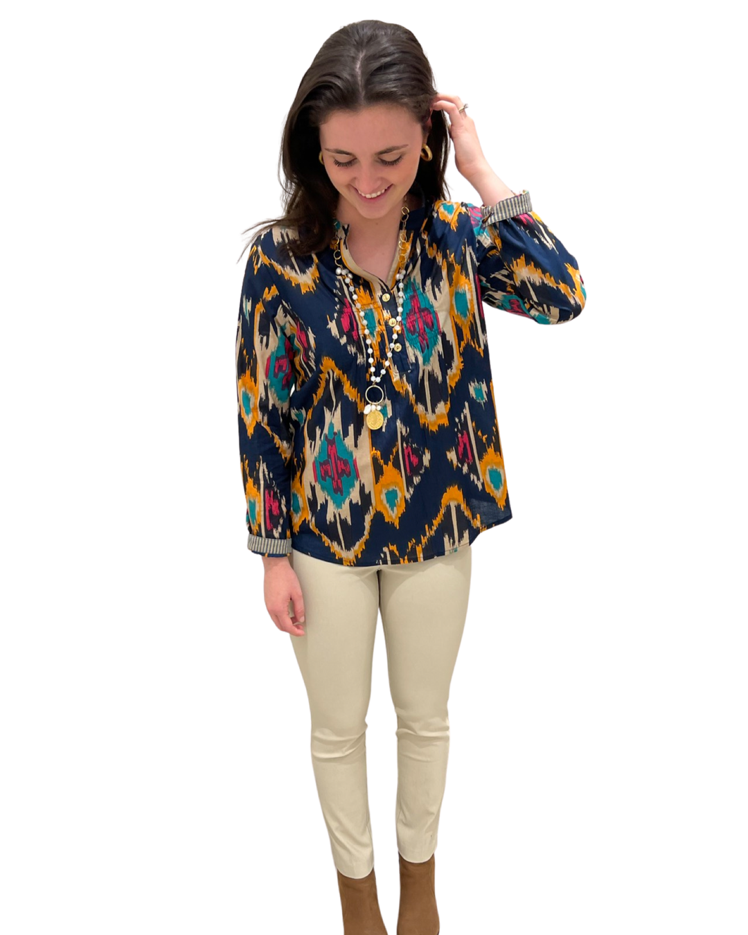 The Avery Multi Ikat Button Front Top — view 3