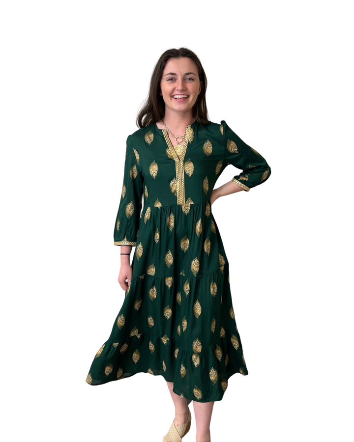 The Daniella Emerald and Gold Print Dress