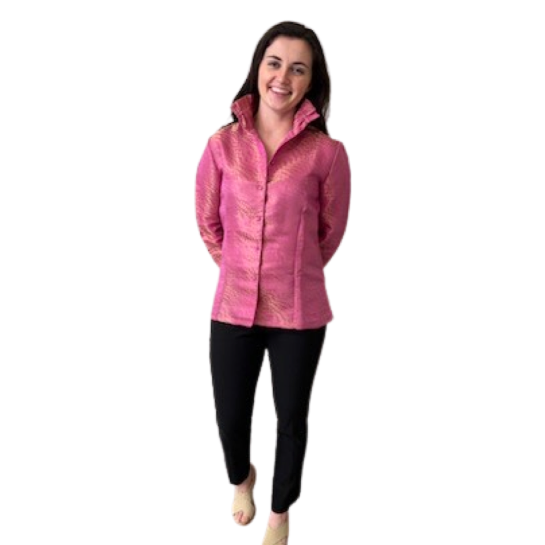 The Diana Button Front Ruffle Collar Top in Pink and Gold Jaquard — view 7