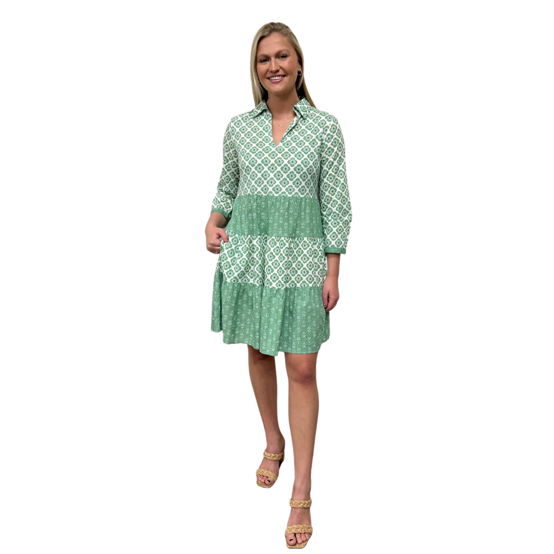 The Cali Cotton Block Print Dress in Jade Green and White