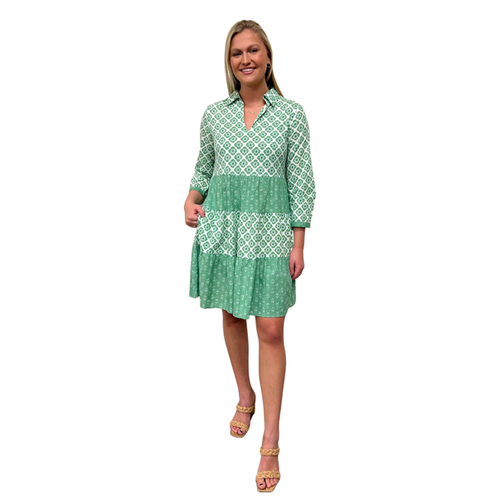 The Cali Cotton Block Print Dress in Jade Green and White