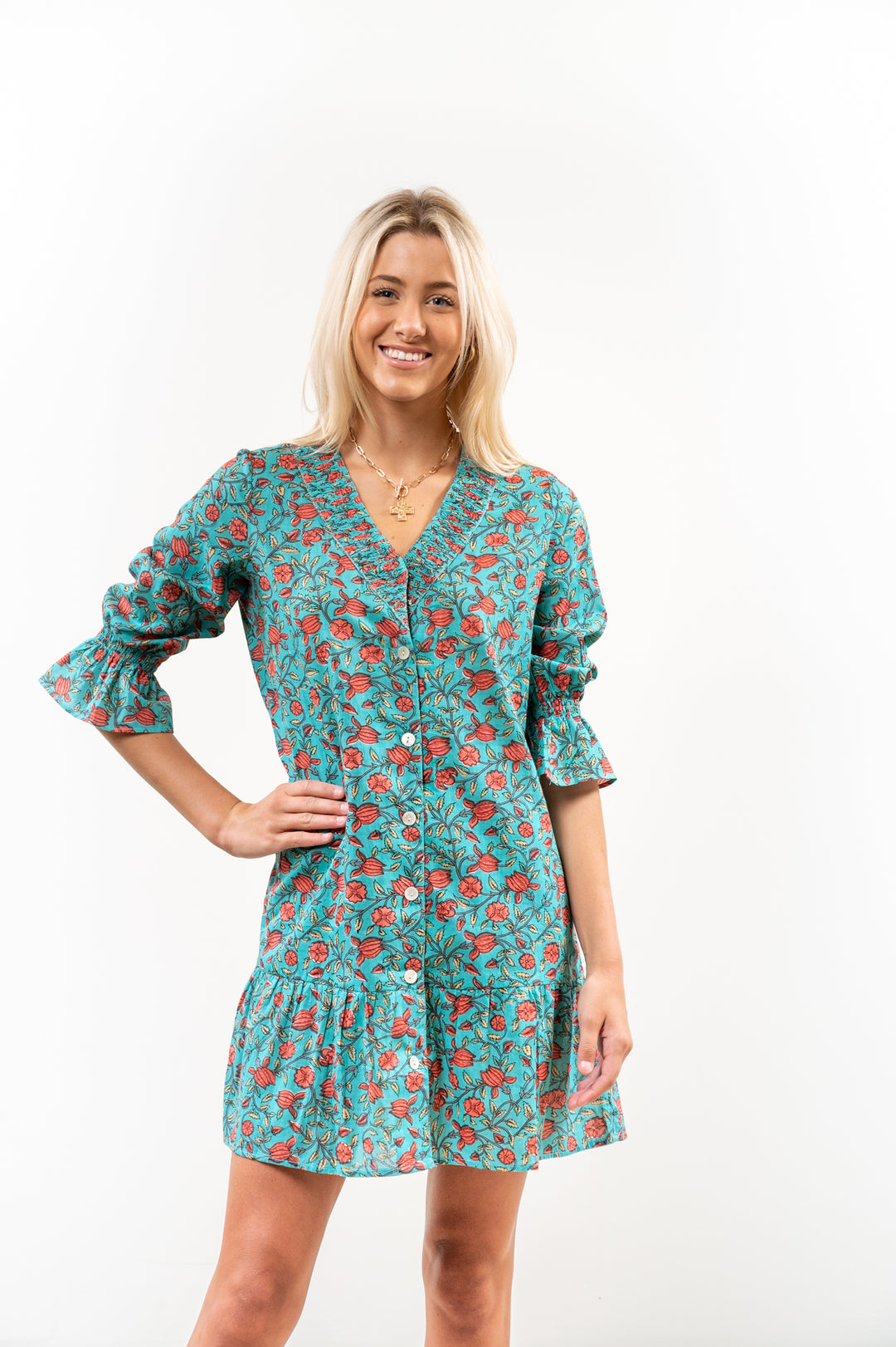 The Helena Jade Floral Cotton Button Front Smocking Detail Dress