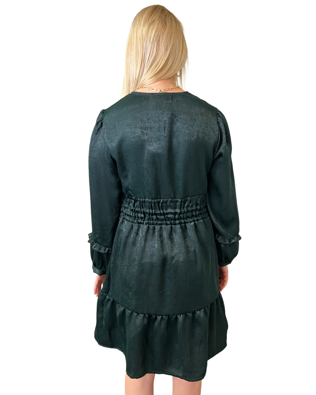 The Sydney Short Length Dress is Dark Green Sateen — view 6