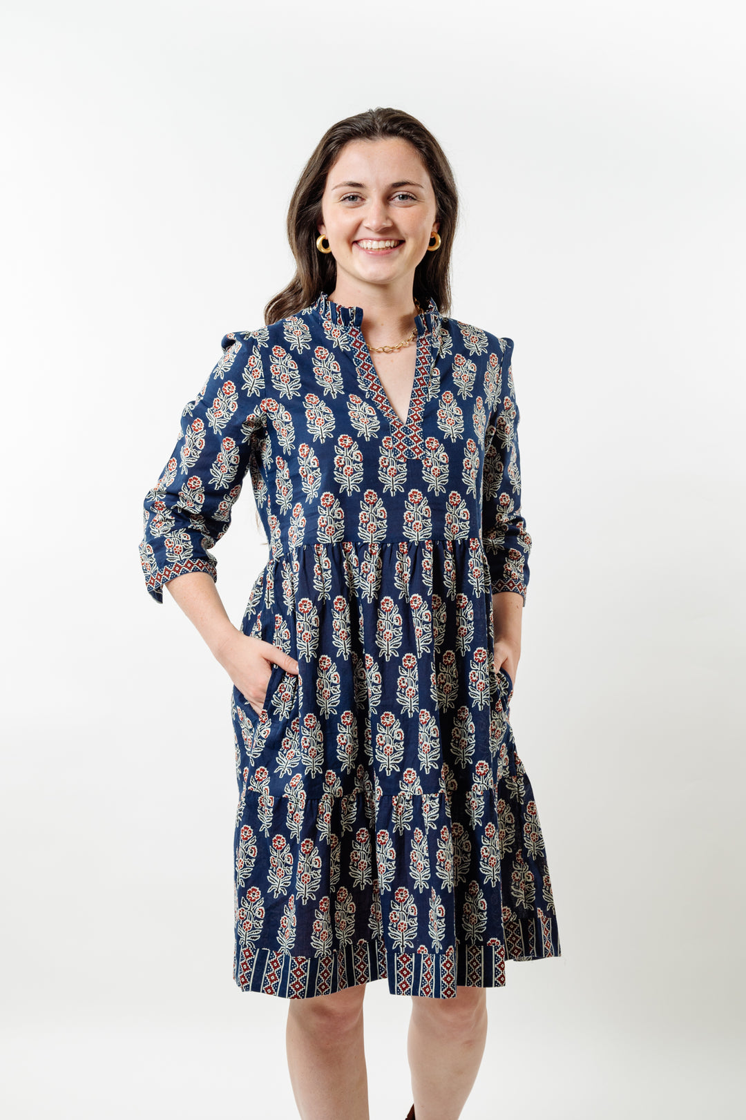 The Nina Cotton Block Print Dress in Navy and Cranberry — view 4