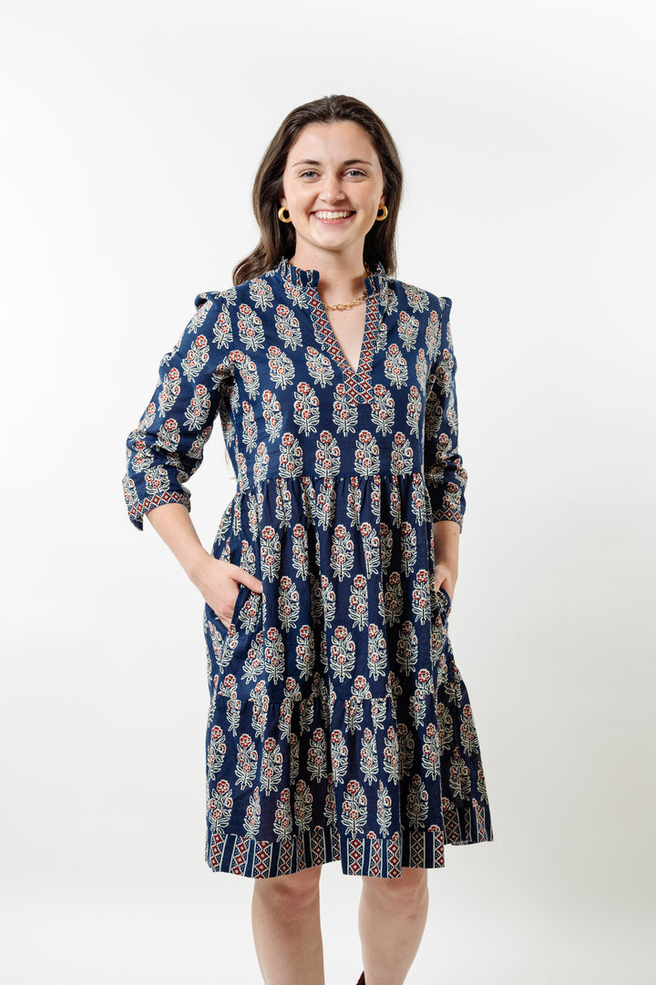 The Nina Cotton Block Print Dress in Navy and Cranberry — view 4