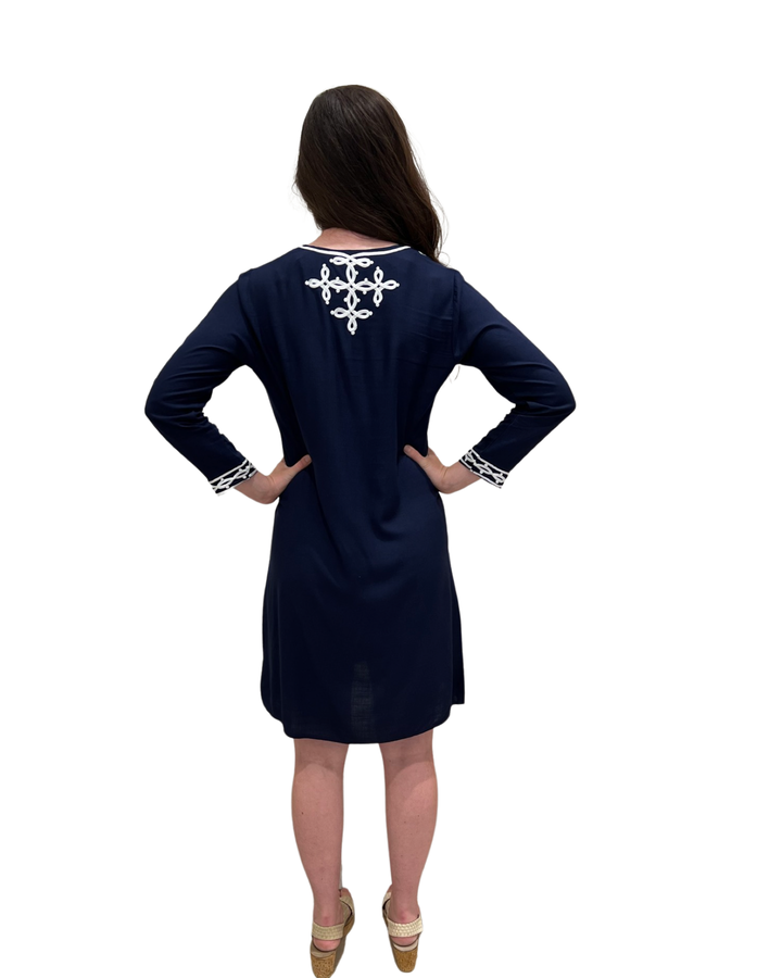 The Brie Embroidered Long Tunic  in Navy and White — view 4