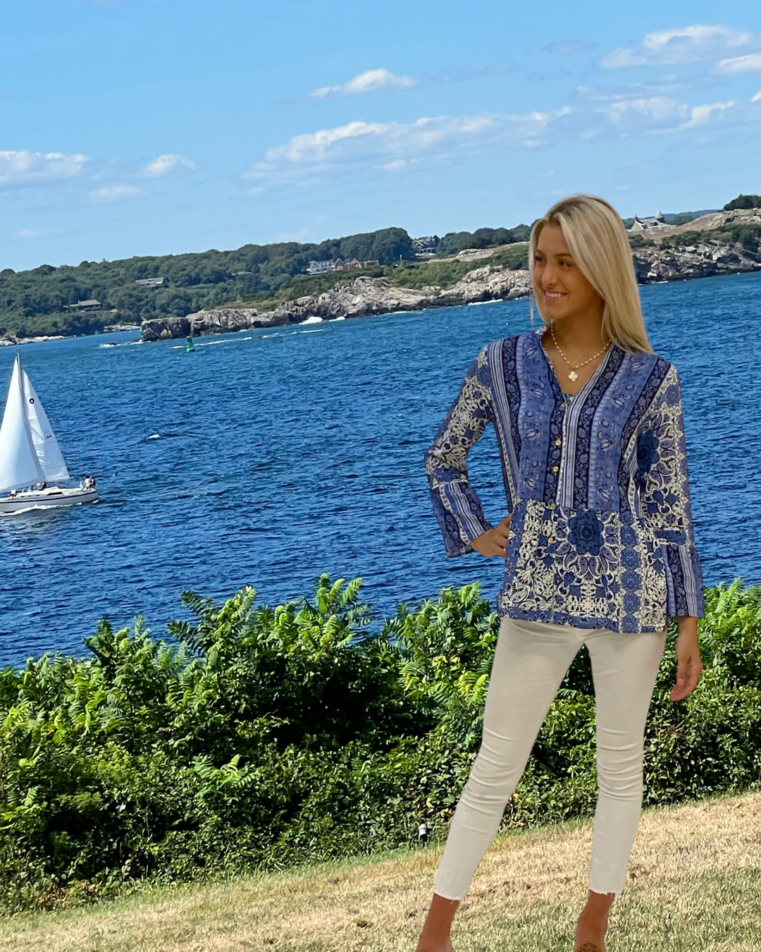 The Emma Button Front Tunic in Navy and White — view 8