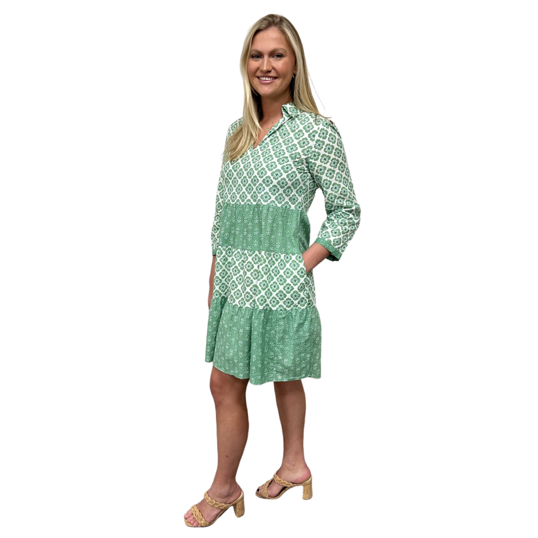 The Cali Cotton Block Print Dress in Jade Green and White — view 9