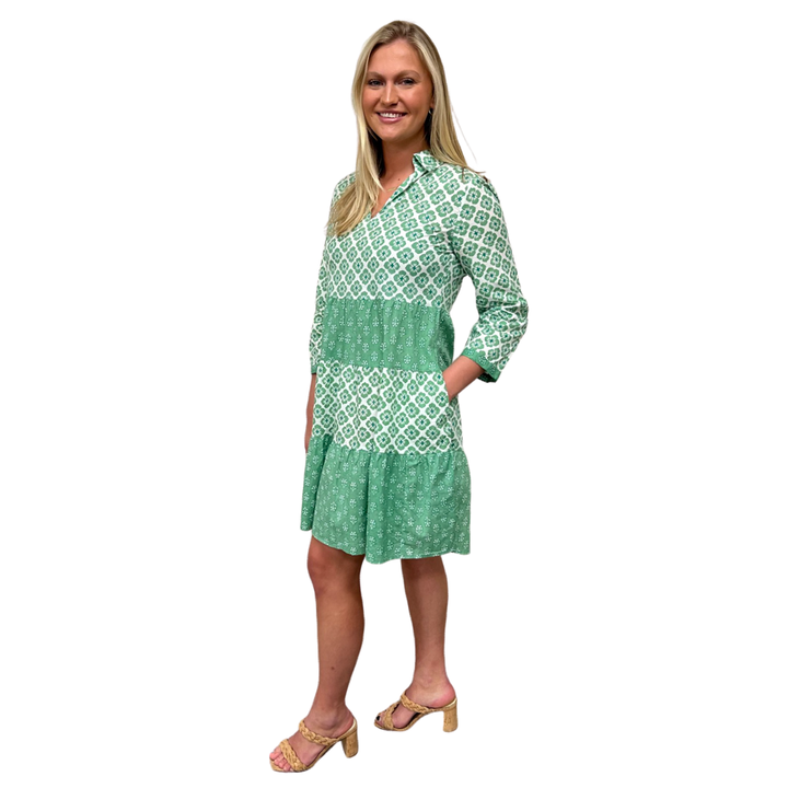 The Cali Cotton Block Print Dress in Jade Green and White — view 9