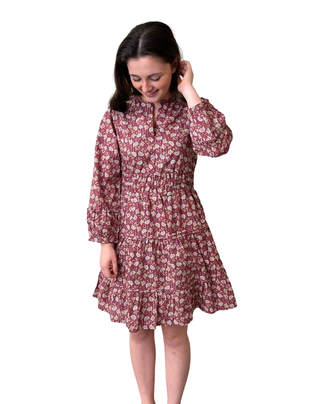 The Sydney Short Length Cinch Waist Dress in Cranberry Lurex Floral — view 8