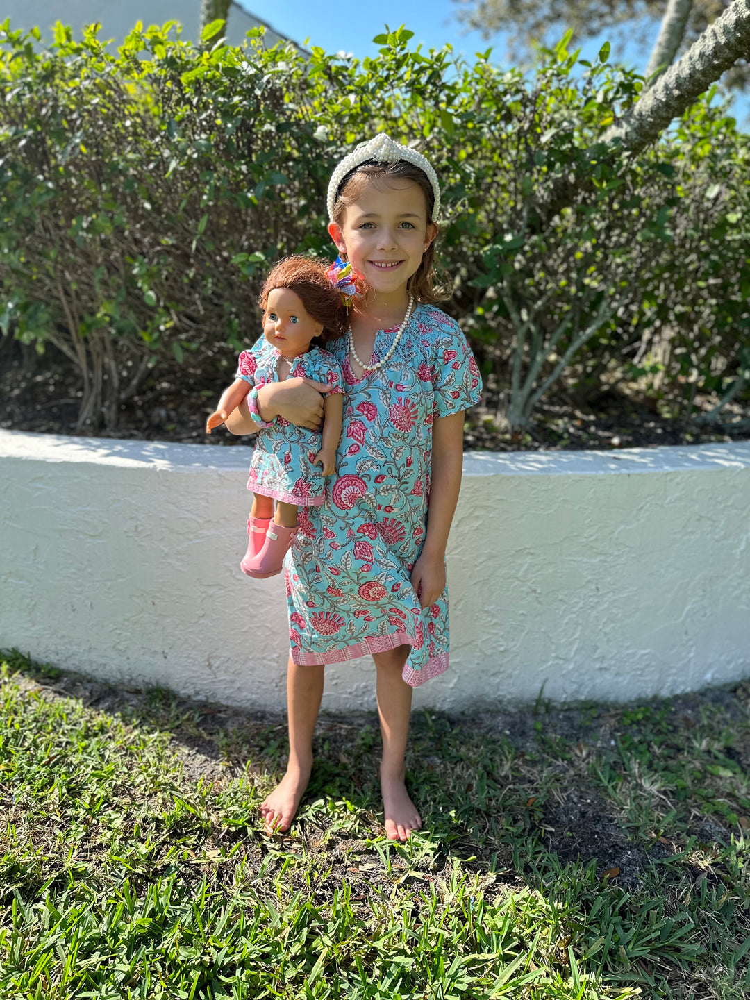 The Michelle Dress for Dolls in Turquoise and Pink — view 3