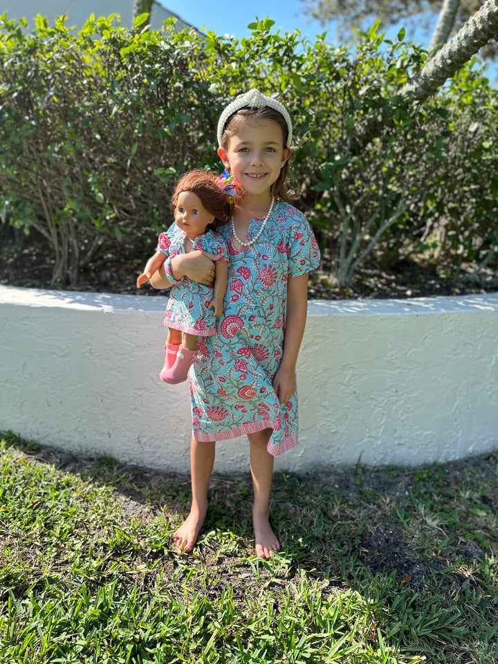The Michelle Dress for Dolls in Turquoise and Pink — view 3