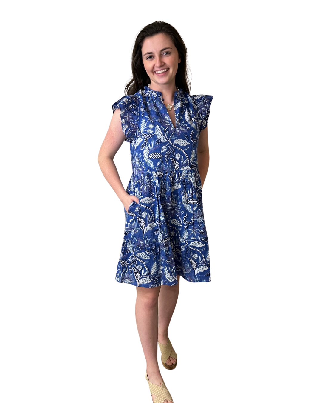 The Tinley Short Length Cotton Floral Block Print Dress in Brilliant Blue Floral — view 3