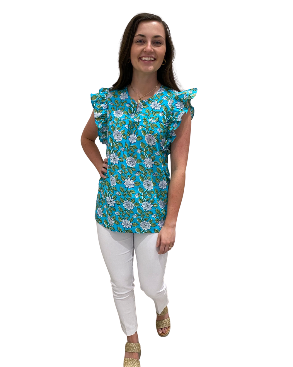 The Whitley Cotton Block Print Flutter Sleeve Top in Turquoise — view 2