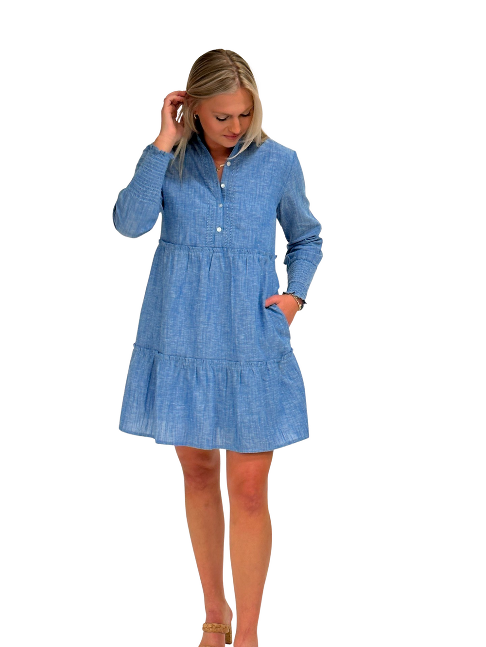 The Wesley Smocked Sleeve Dress in Chambray — view 2