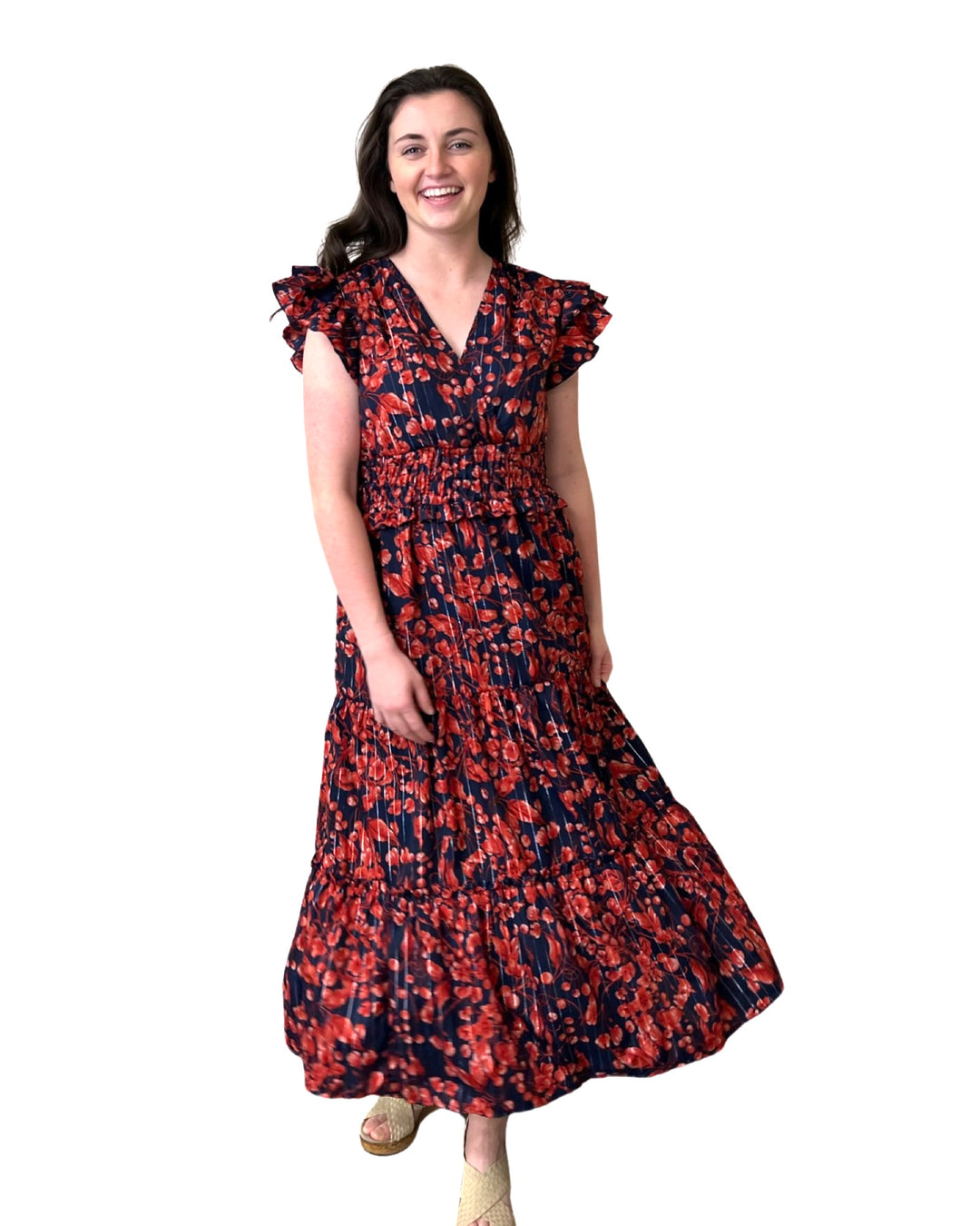 The Ryan Flutter Sleeve Dress in Navy and Red — view 5