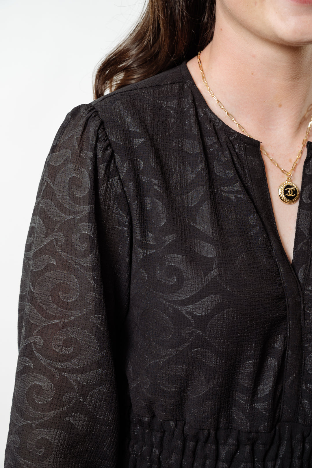 The Long Length Sydney Dress in Midnight Black Scroll — view 3