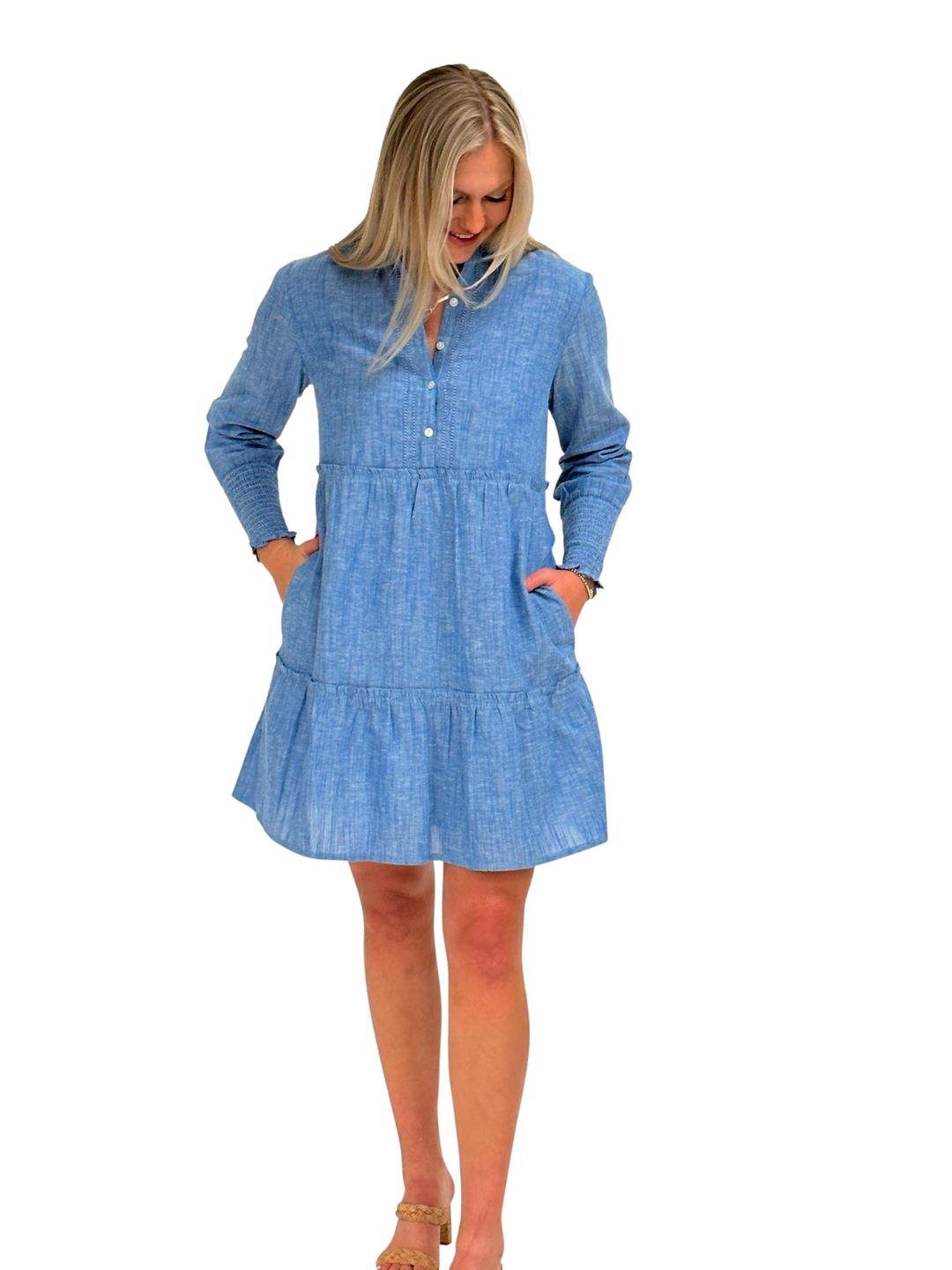 The Wesley Smocked Sleeve Dress in Chambray
