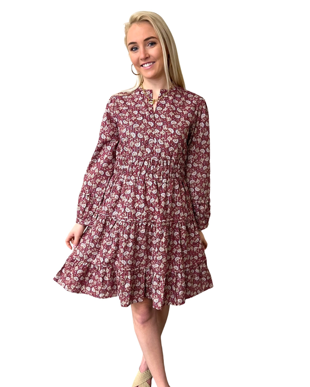 The Sydney Short Length Cinch Waist Dress in Cranberry Lurex Floral — view 3