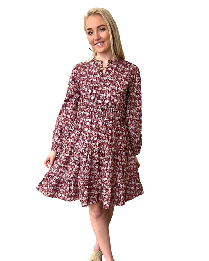 The Sydney Short Length Cinch Waist Dress in Cranberry Lurex Floral — view 3