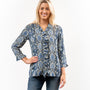 The Bessie Ruffle Front Blouse in Blue Multi Pattern