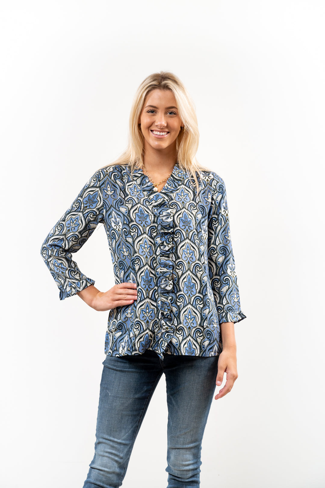 The Bessie Ruffle Front Blouse in Blue Multi Pattern