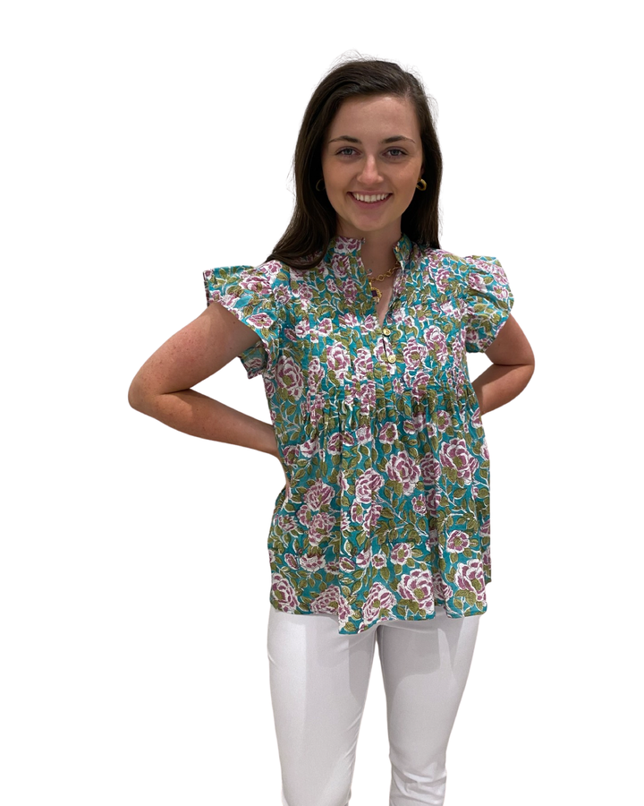 The Ava Button Front Pintuck Cotton Top in Emerald Handblock — view 3