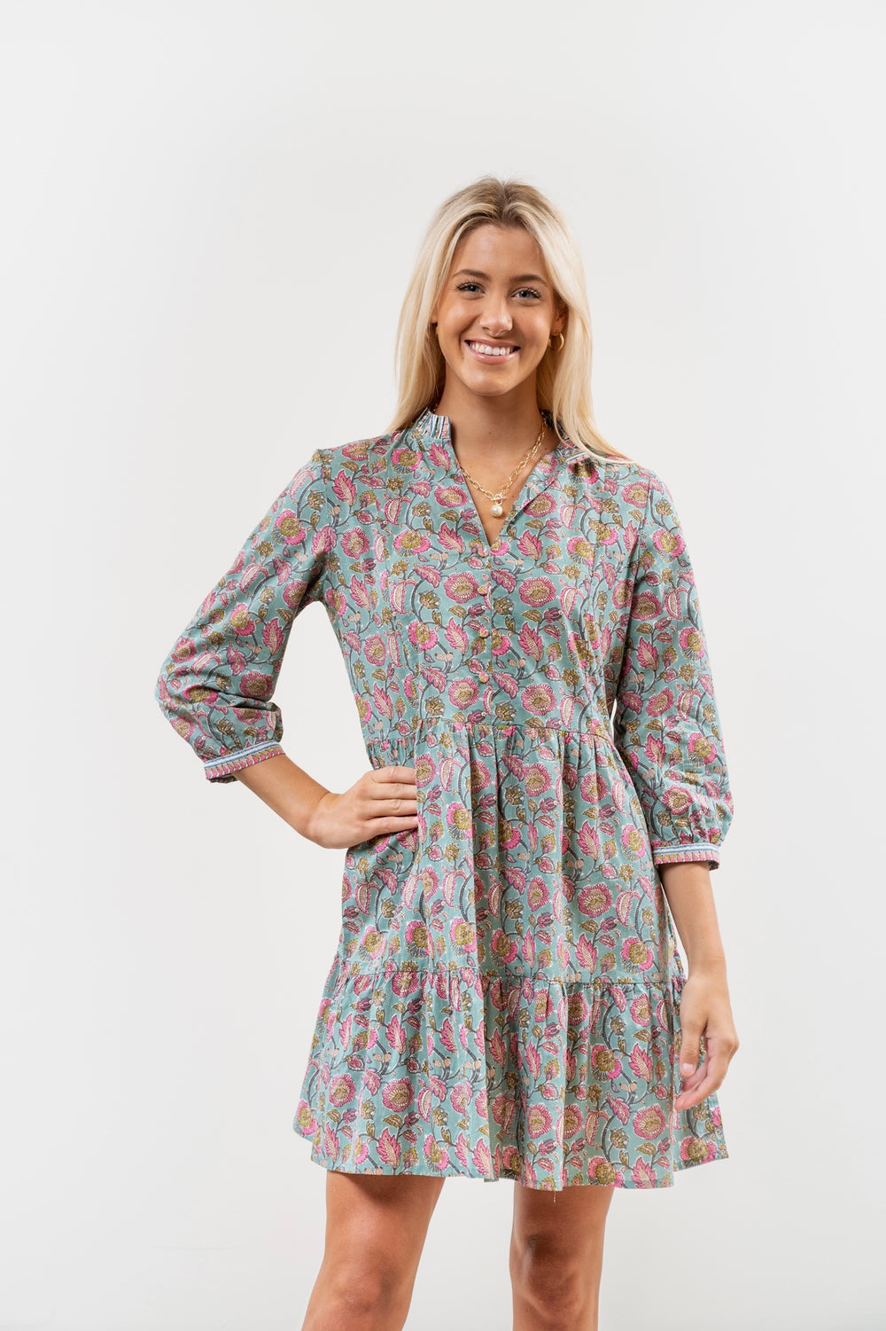 The Genevieve Cotton Block Print Dress in Pink and Green Floral — view 2