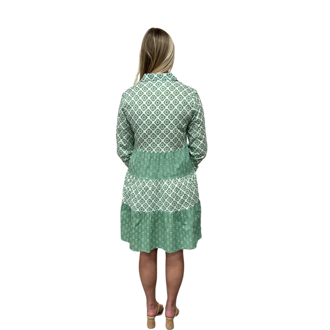 The Cali Cotton Block Print Dress in Jade Green and White — view 10