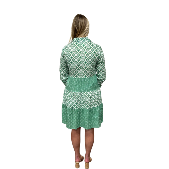 The Cali Cotton Block Print Dress in Jade Green and White — view 10