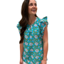 The Whitley Cotton Block Print Flutter Sleeve Top in Turquoise