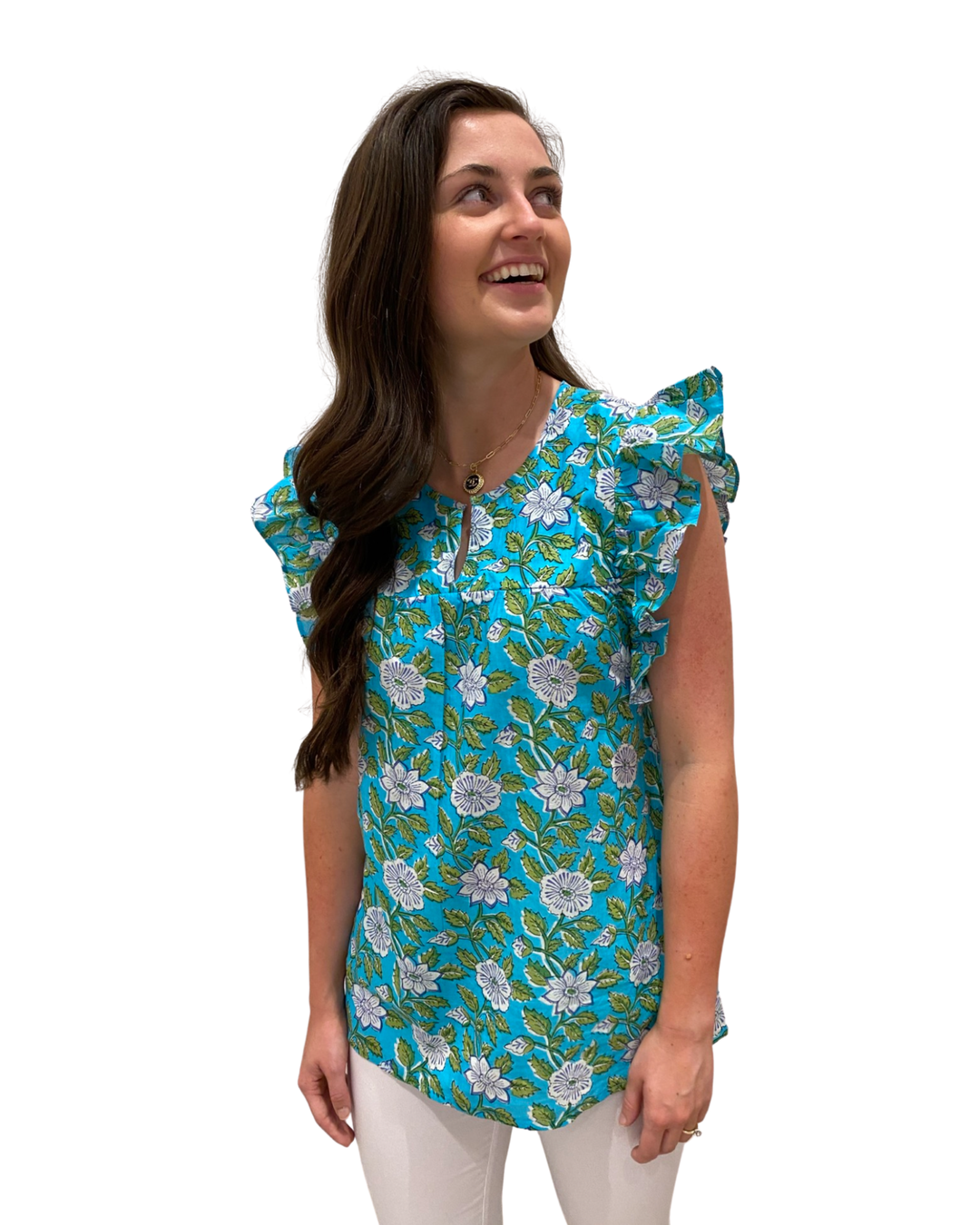 The Whitley Cotton Block Print Flutter Sleeve Top in Turquoise