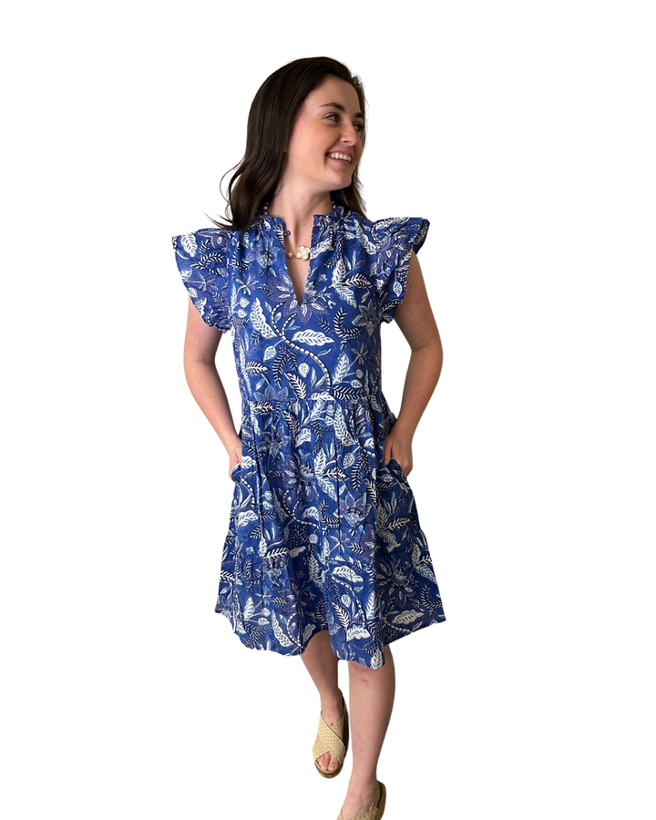 The Tinley Short Length Cotton Floral Block Print Dress in Brilliant Blue Floral — view 4