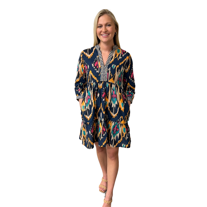 The Naomi Embroidered Trim Dress in Multi Colored Ikat — view 4