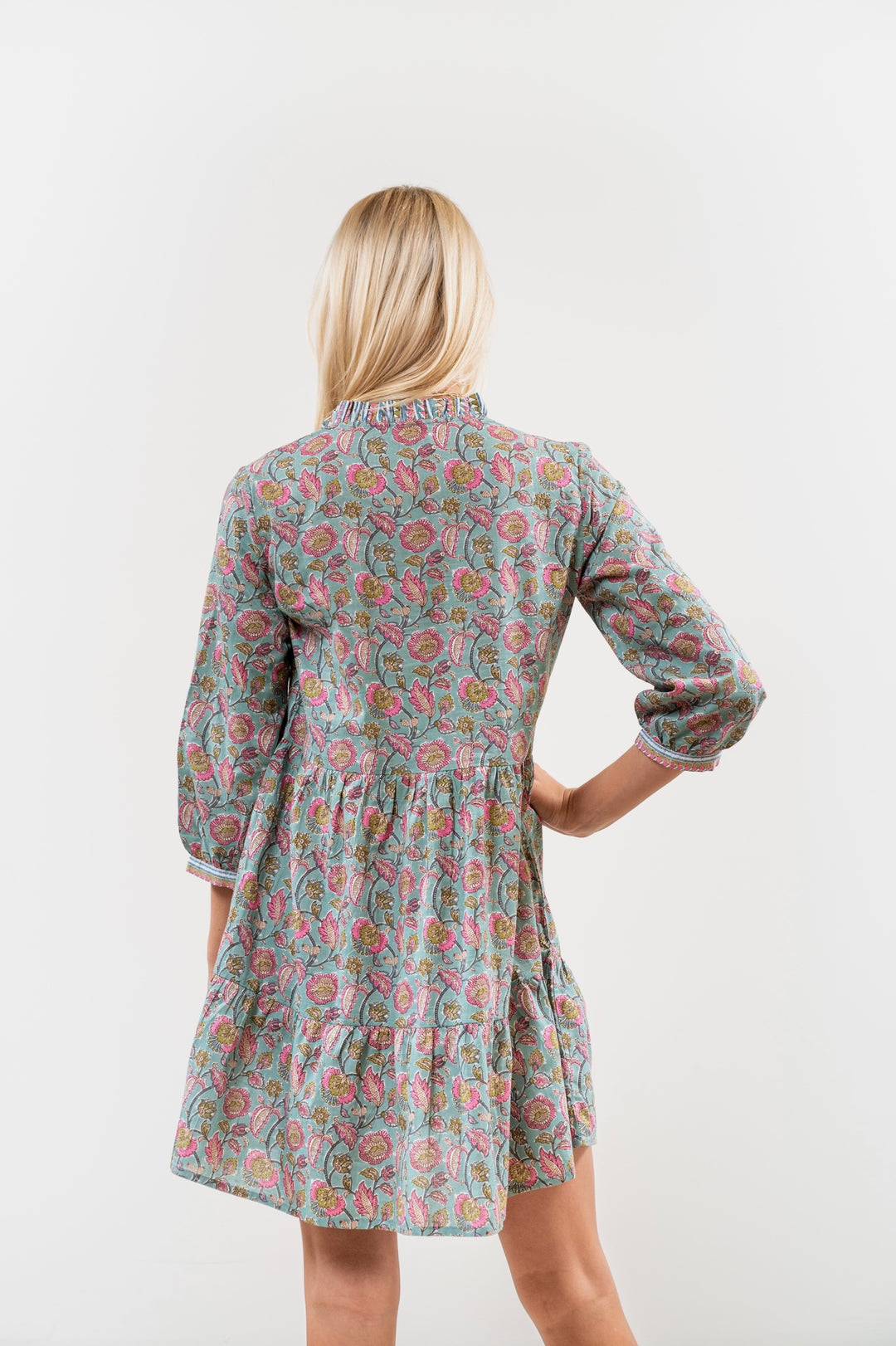 The Genevieve Cotton Block Print Dress in Pink and Green Floral — view 4