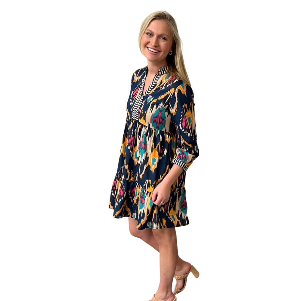 The Naomi Embroidered Trim Dress in Multi Colored Ikat — view 2