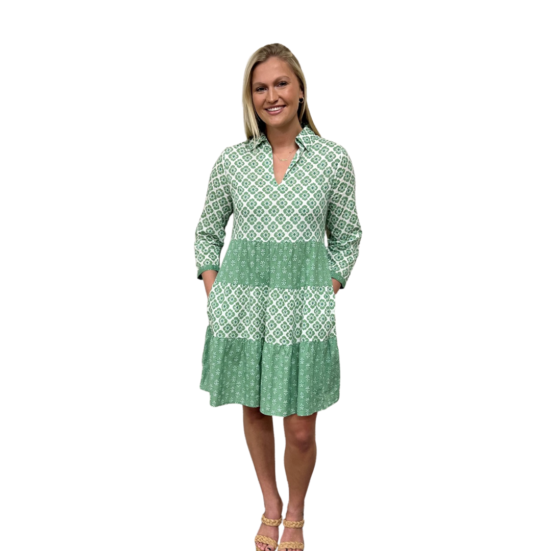 The Cali Cotton Block Print Dress in Jade Green and White — view 7