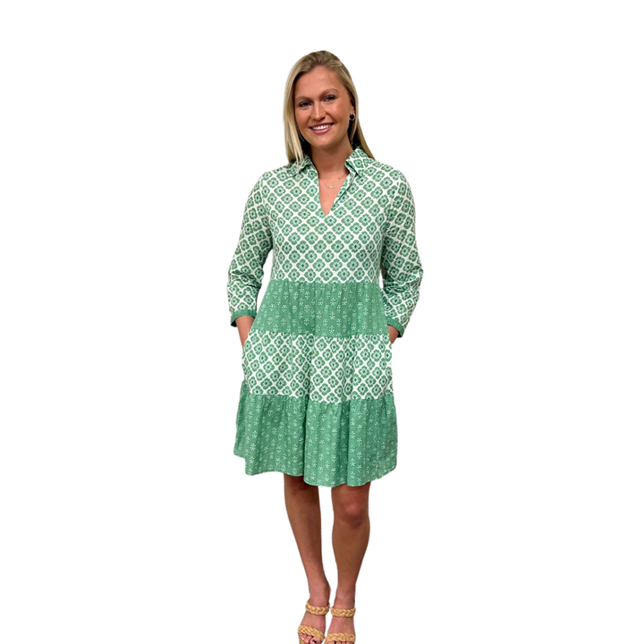 The Cali Cotton Block Print Dress in Jade Green and White — view 7