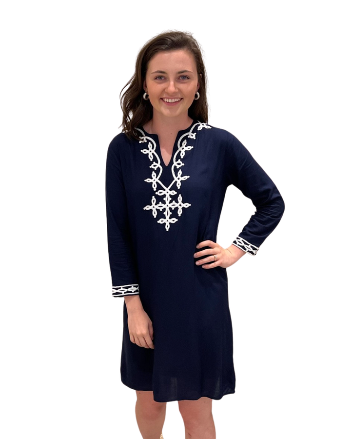 The Brie Embroidered Long Tunic  in Navy and White — view 3